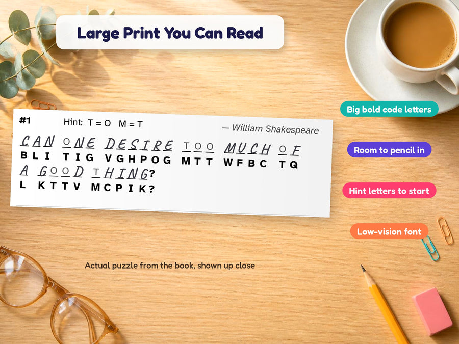 Close-up of a large print cryptogram with big bold code letters and pencilled answers