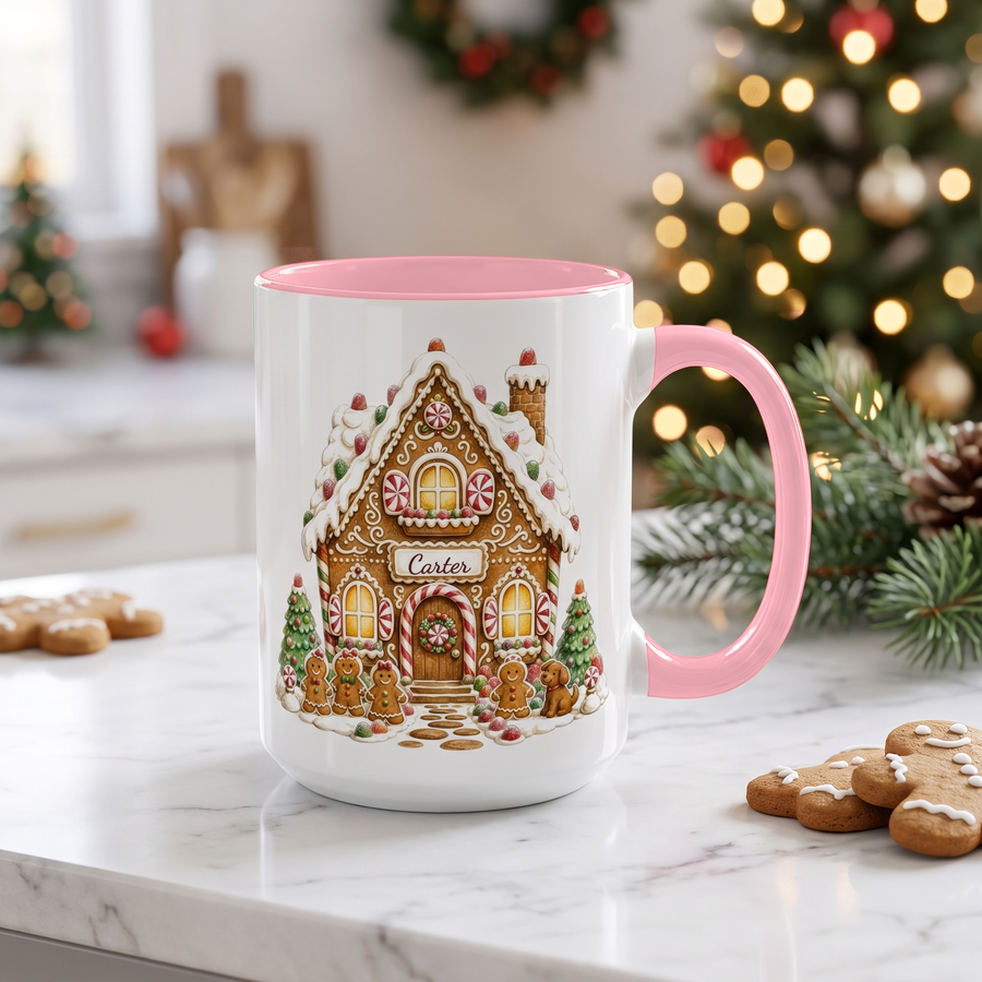 Personalized gingerbread house mug with pink handle