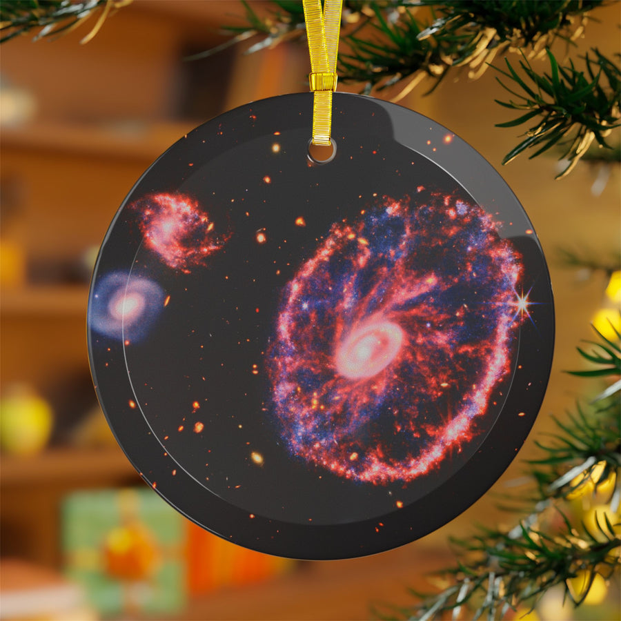 James Webb Cartwheel Galaxy glass Christmas ornament, space telescope image (view 3)