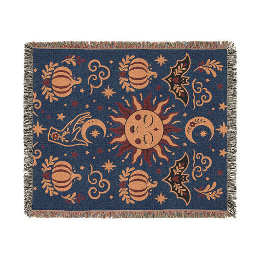 The "Cosmic Overcommitment" Whimsigoth Celestial Woven Blanket | Sun & Moon Tapestry Throw