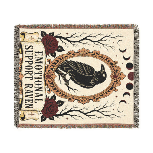 The "Emotional Support Raven" Woven Blanket | Gothic Tarot-Style Cotton Throw & Wall Tapestry