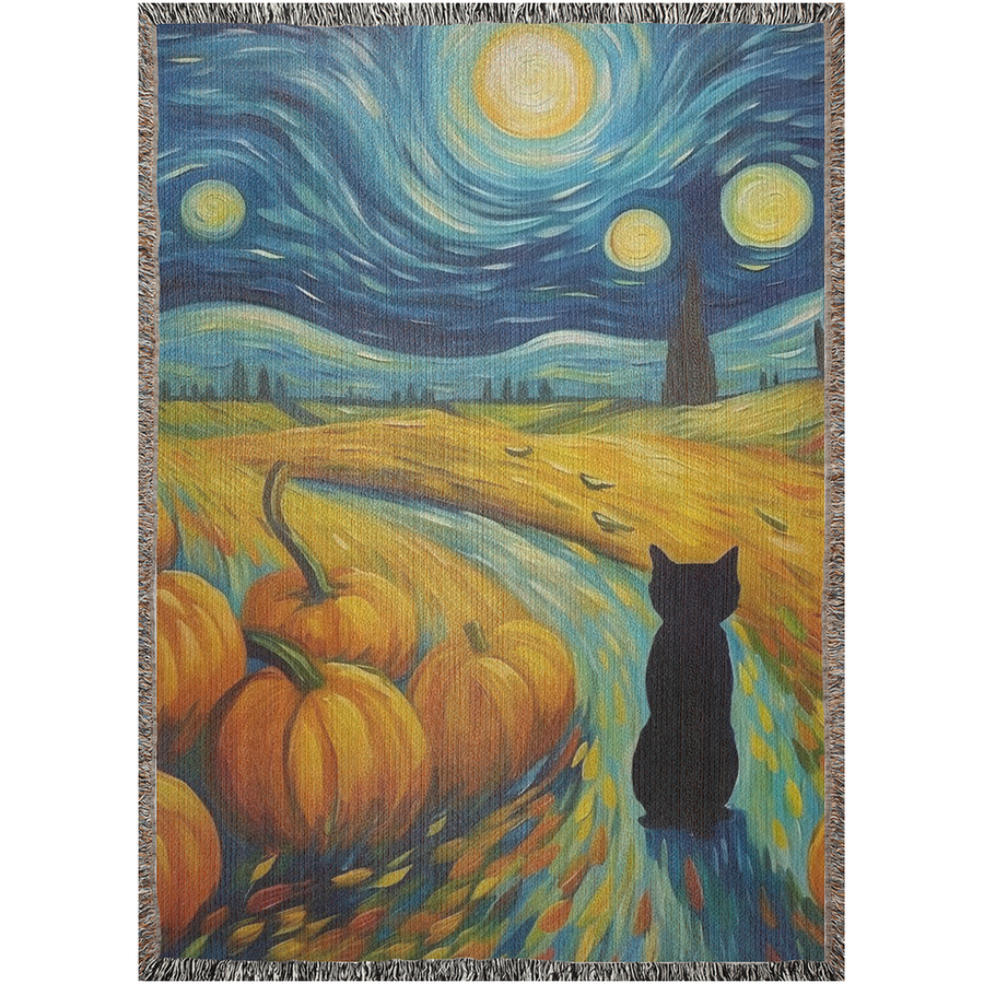 Van Gogh Halloween woven blanket spread flat, swirling starry brushwork with black cats and pumpkins