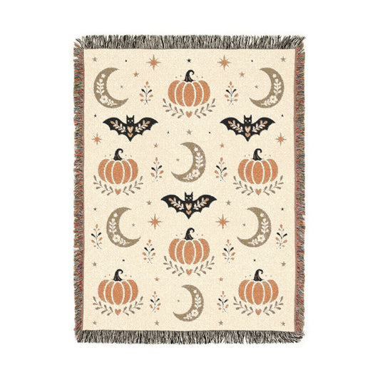 Size guide for the neutral Halloween woven blanket in 52x37, 60x50 and 80x60 inch