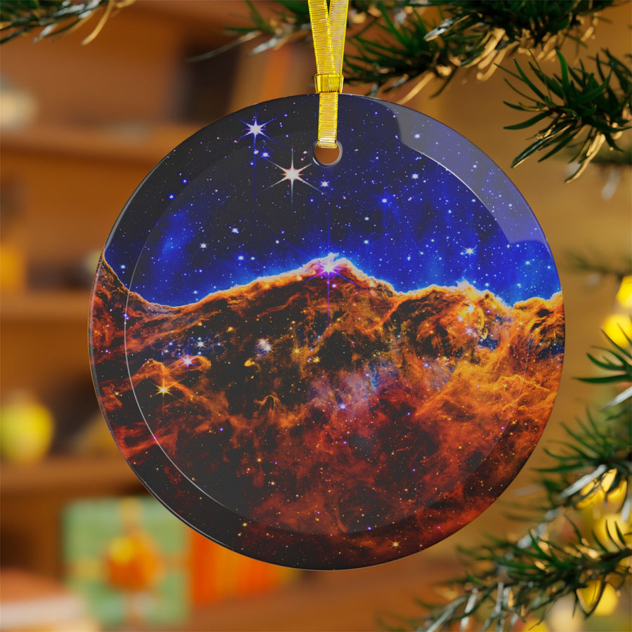James Webb Carina Nebula Cosmic Cliffs glass Christmas ornament, space telescope image (view 3)