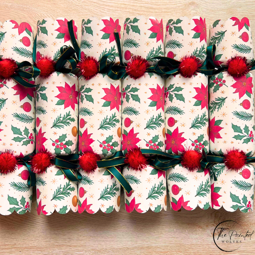 Handmade Traditional Christmas Crackers with Snaps - Red & Green Flower Design