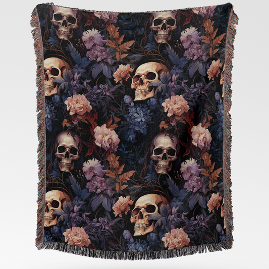 Folded skull woven blanket showing the jacquard weave on the reverse side