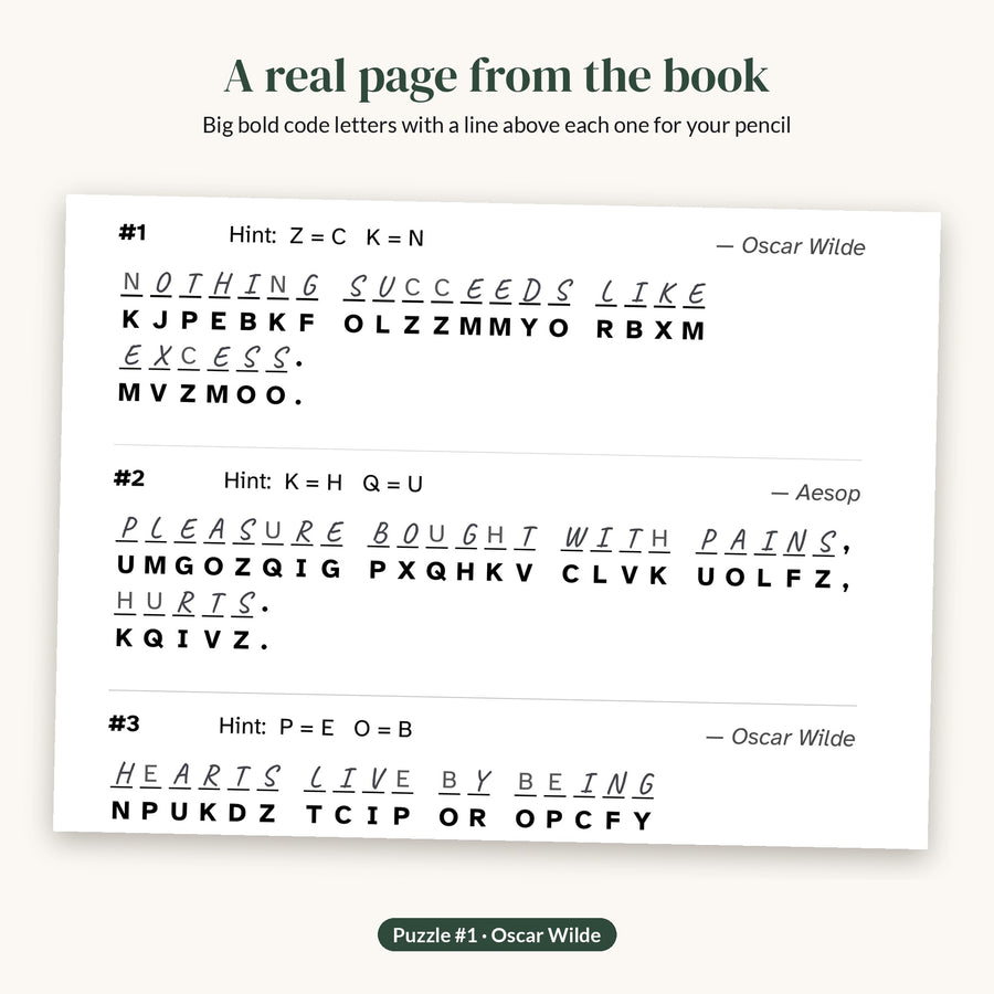Real page from the Volume 2 PDF: puzzle 1 by Oscar Wilde with answers pencilled in