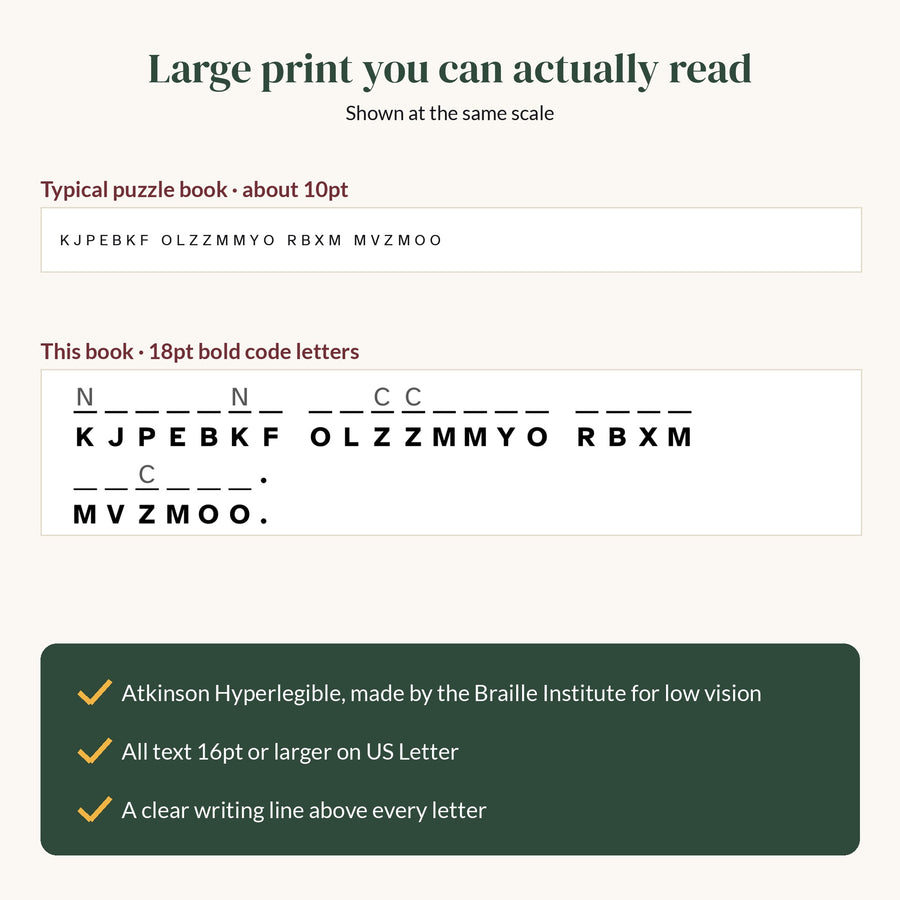 Large print comparison: typical 10pt puzzle line next to 18pt bold code letters