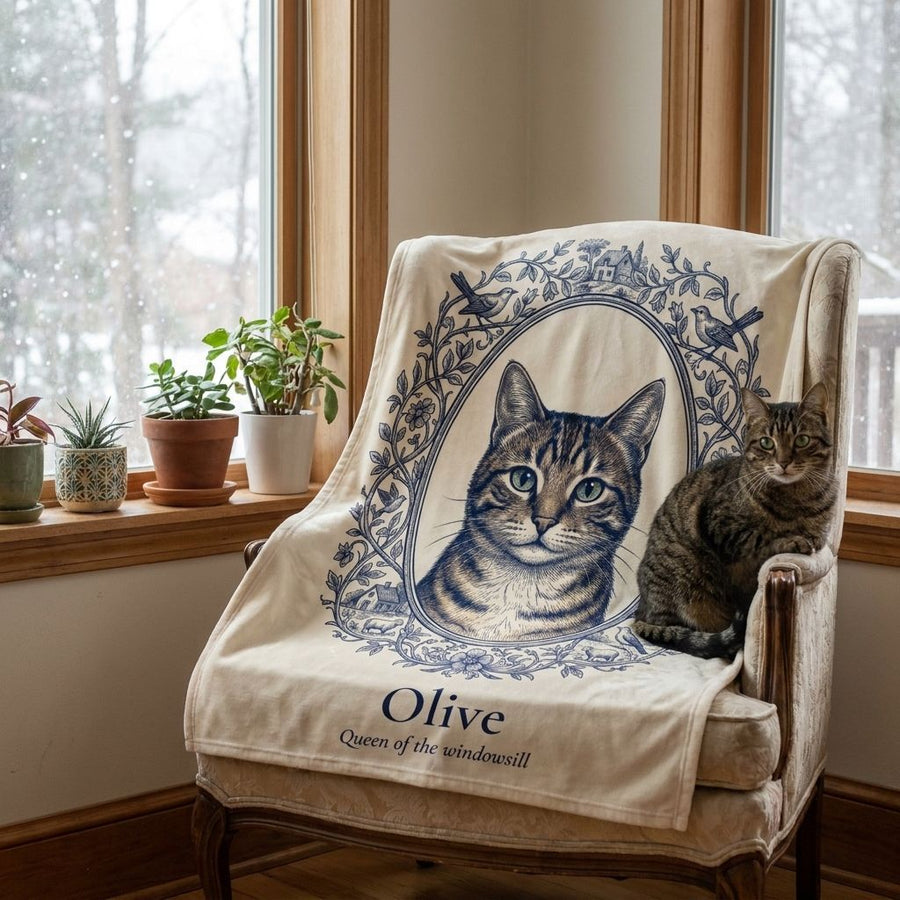 Tabby cat on an armchair beside her custom Toile cat portrait velveteen blanket named Olive