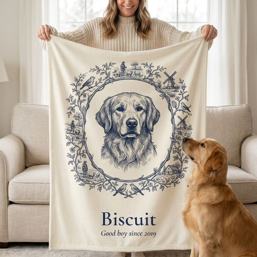 Woman holding up a custom Toile-style pet portrait blanket of her golden retriever Biscuit while he looks up at it