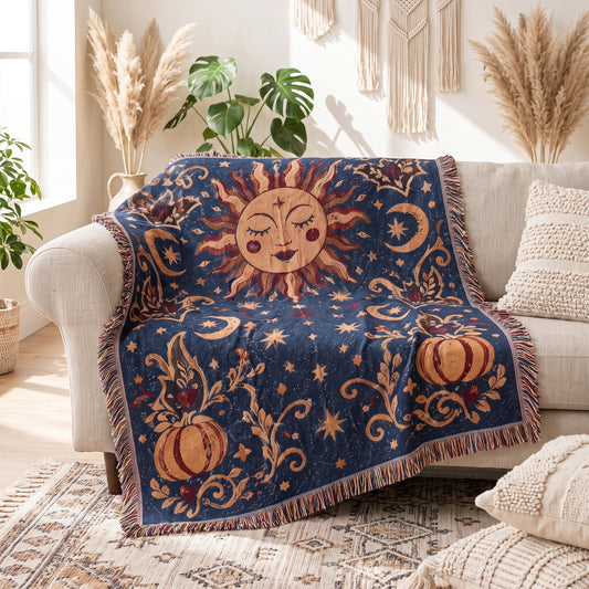 Cosmic Overcommitment sun and moon woven blanket draped over a linen sofa in a boho living room
