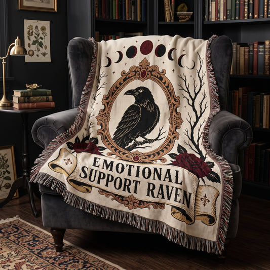 Emotional Support Raven woven blanket draped over a charcoal velvet armchair in a dark academia reading nook