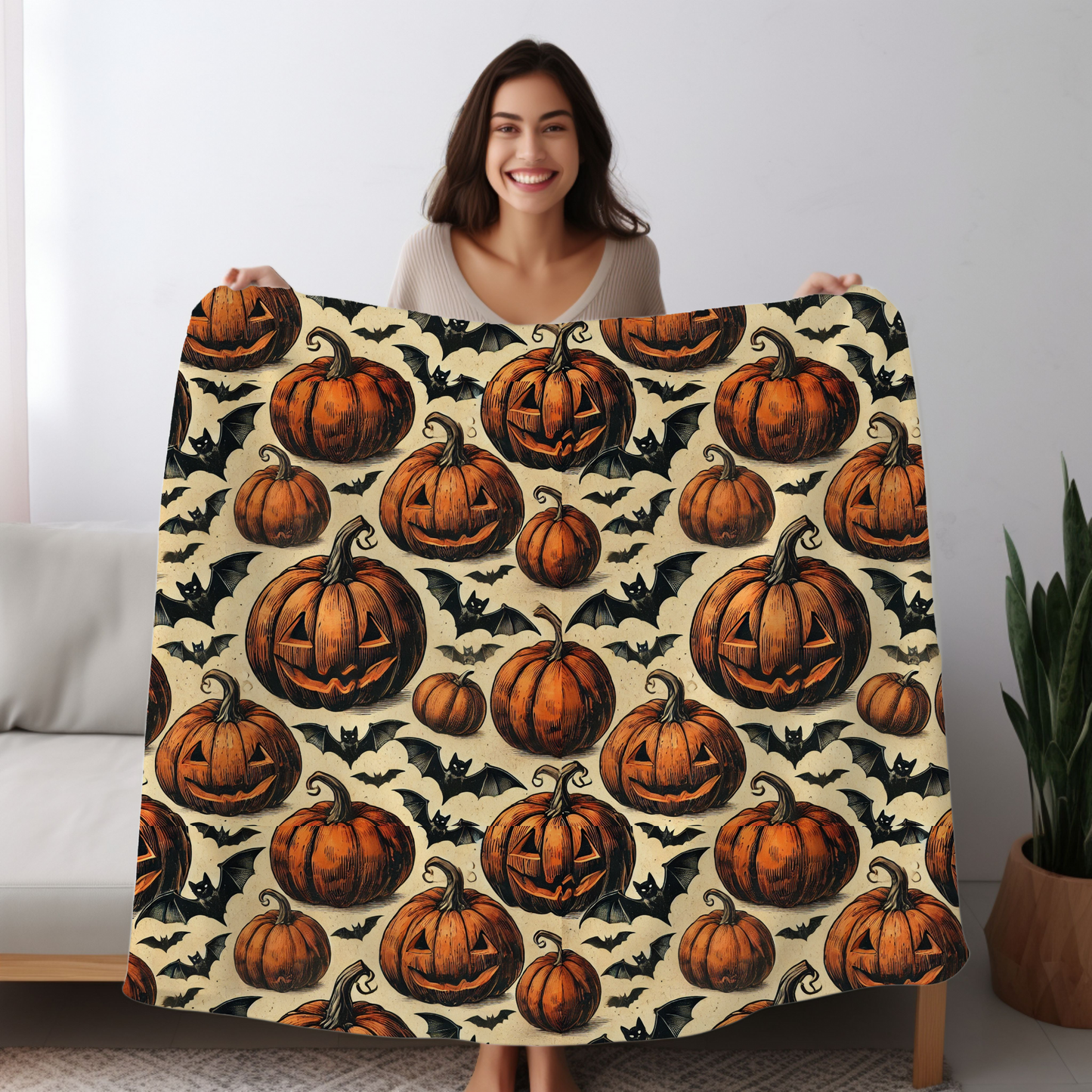 Pumpkin and Bat Blanket - Halloween Fleece Throw for Spooky Snuggles
