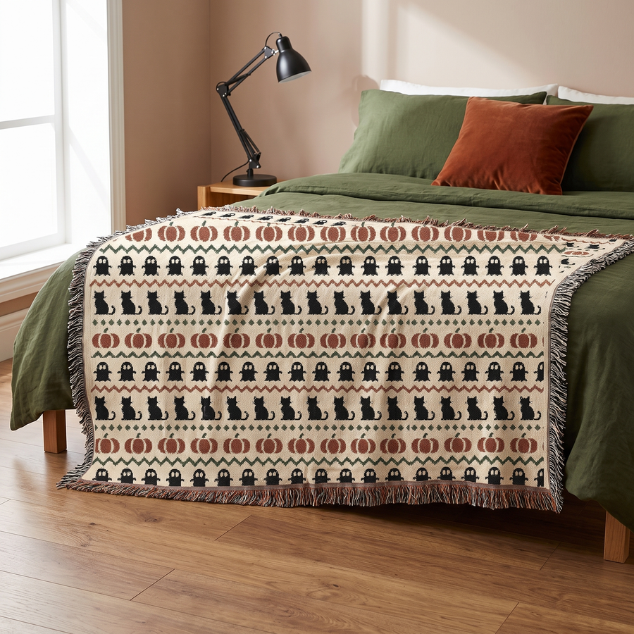 Haunted Heirloom woven blanket folded across the foot of a bed with white linens, showing scale against the mattress