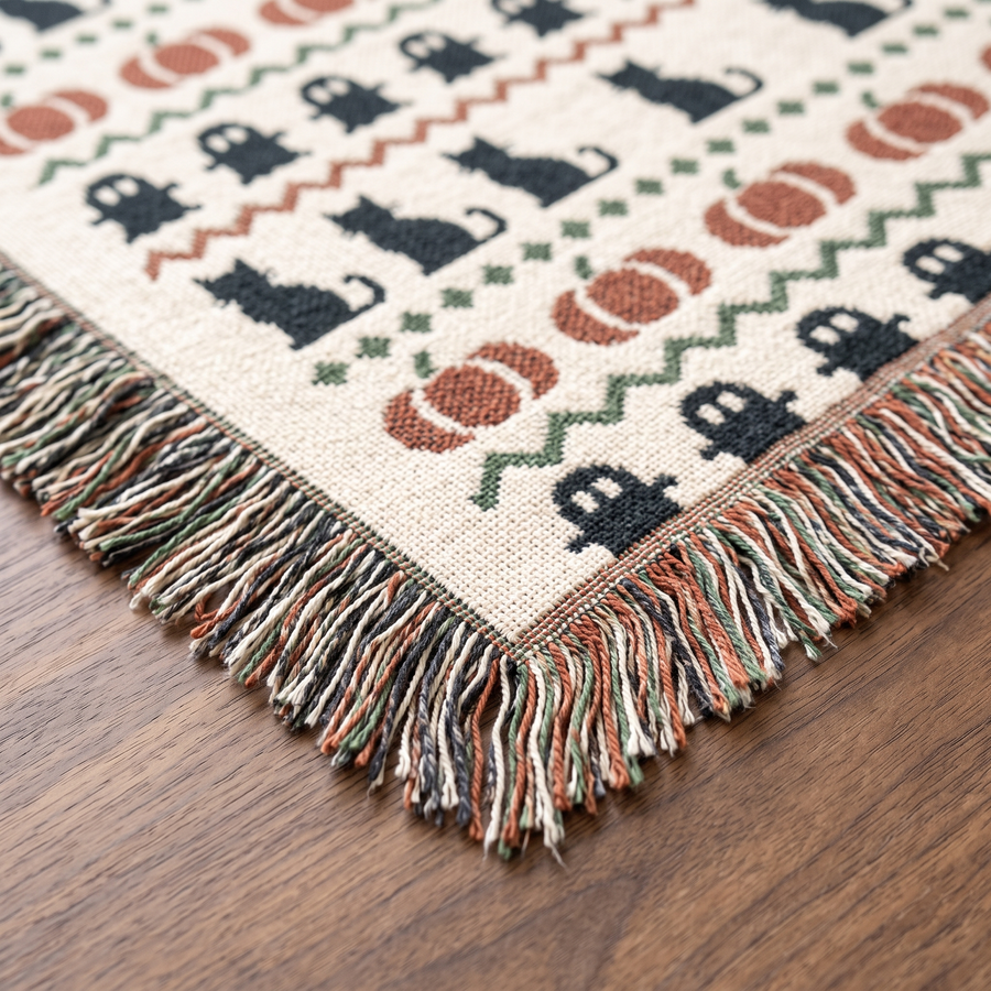 Close-up of the Haunted Heirloom woven cotton jacquard texture and multicolored fringe corner