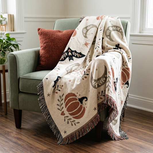 Neutral Halloween woven blanket draped over a sage green armchair with a terracotta cushion, beige autumn decor