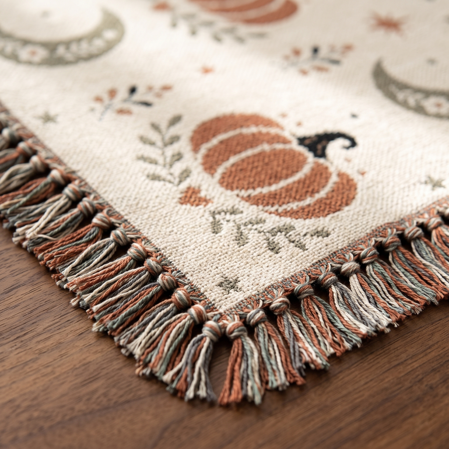 Close up of the woven cotton weave and knotted multicolored fringe on the Subtle Spooky Halloween blanket