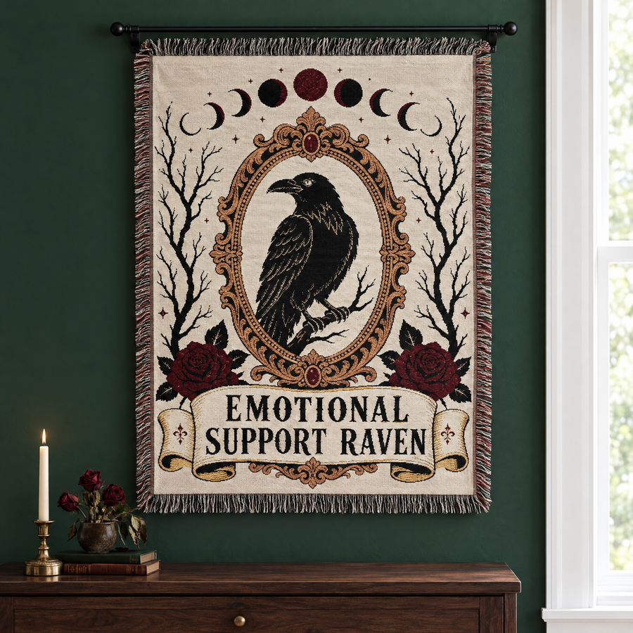 Emotional Support Raven woven tapestry hanging upright from a black rod on a forest green wall