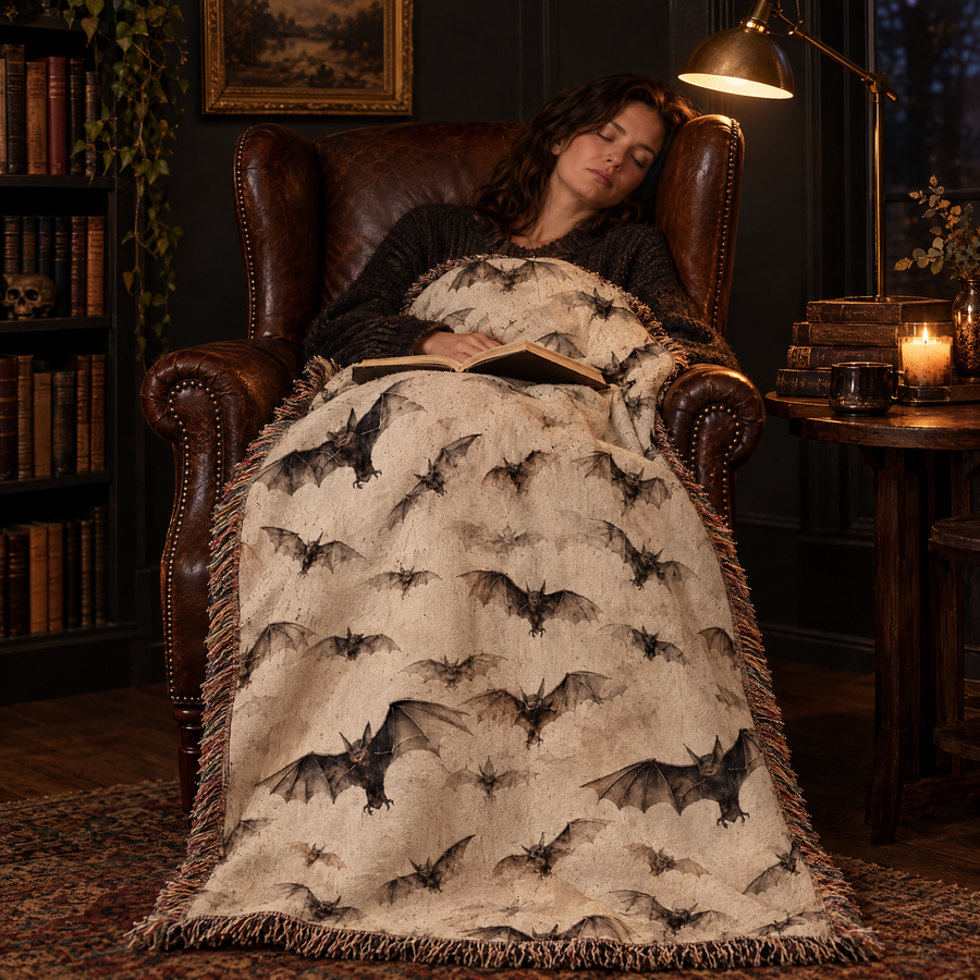 Bat woven blanket over a leather armchair while a woman dozes with a book in a dark reading room