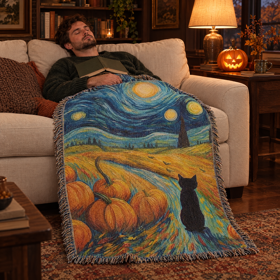 Van Gogh Halloween Woven Blanket over a man dozing on a sofa with a book beside a glowing jack o lantern