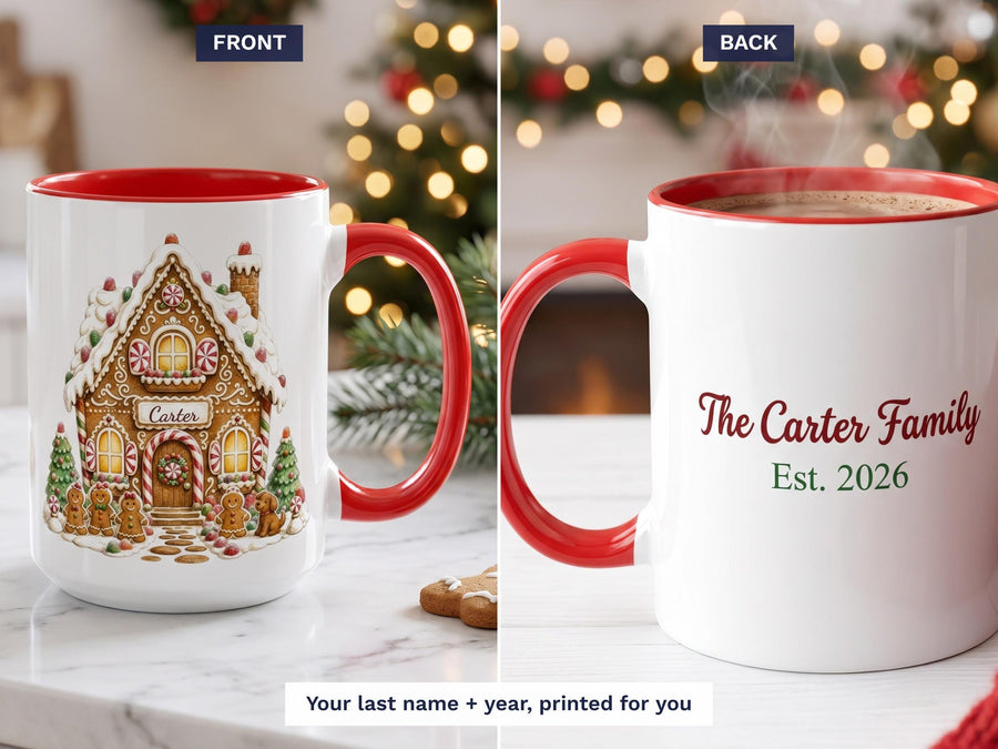 Personalized gingerbread house mug front with last name and back with The Family Est year