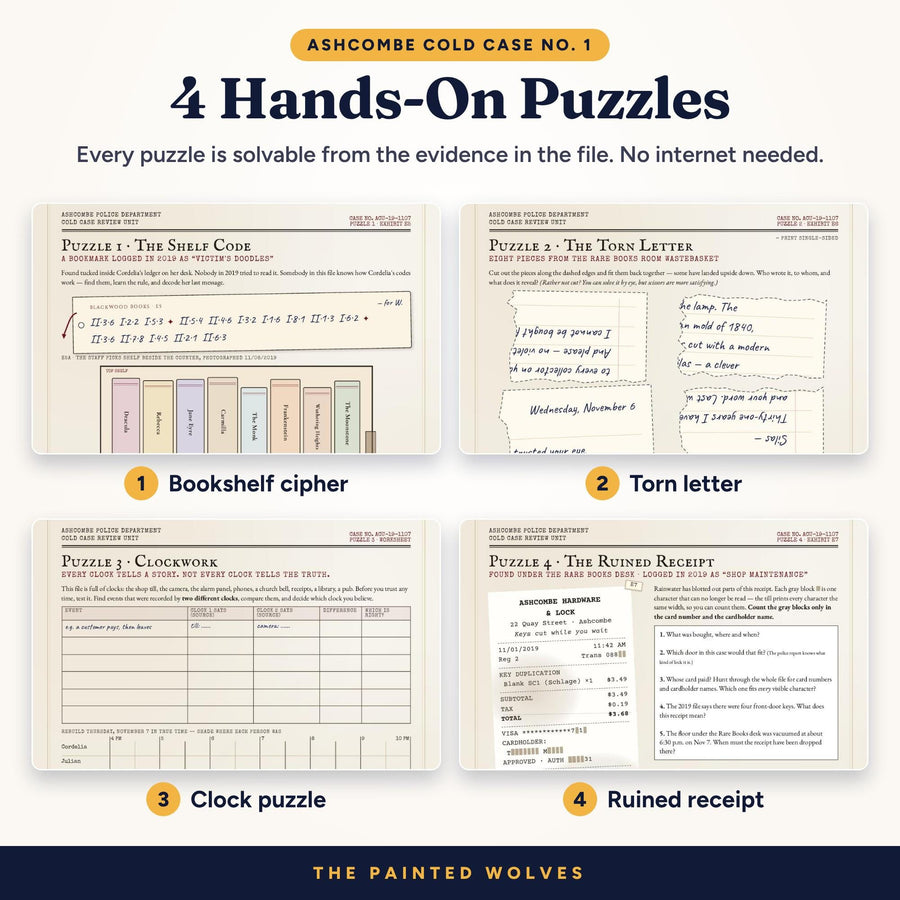 Four puzzle pages from The Last Chapter murder mystery: bookshelf cipher, torn letter, clock worksheet and ruined receipt