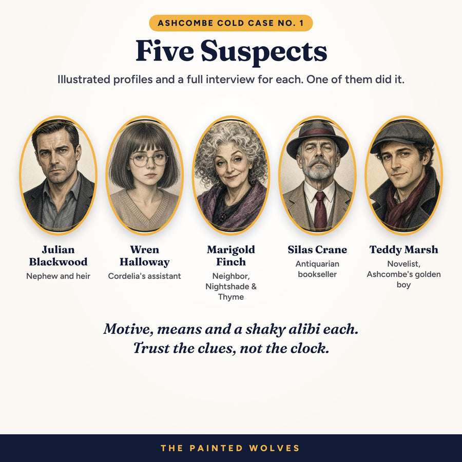 Five illustrated suspect portraits from The Last Chapter cold case murder mystery game for adults