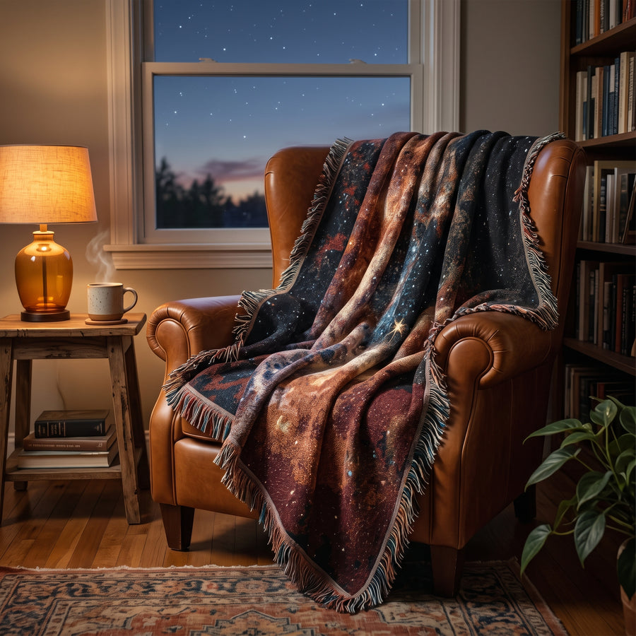 James Webb Tarantula Nebula woven blanket draped over a cognac leather armchair in a cozy reading nook at dusk