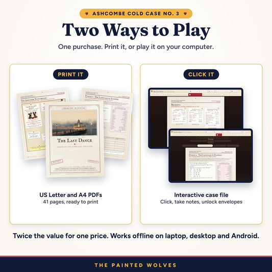 The Last Dance murder mystery: print the US Letter or A4 PDFs, or play the interactive case file on screen