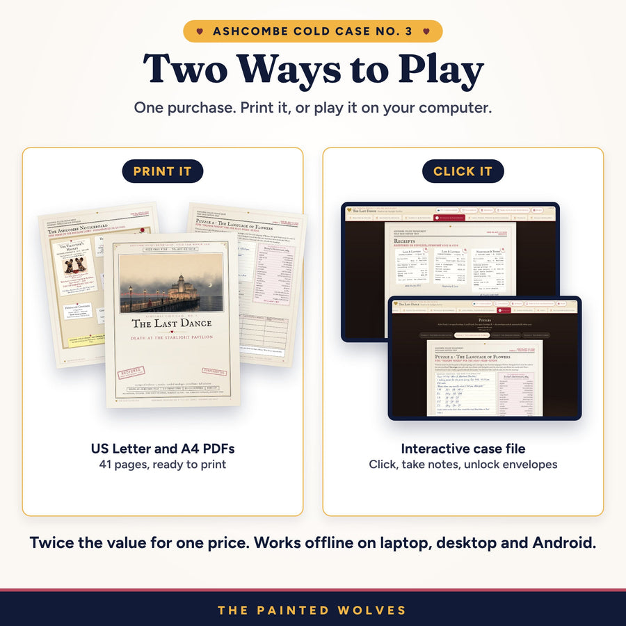 The Last Dance murder mystery: print the US Letter or A4 PDFs, or play the interactive case file on screen