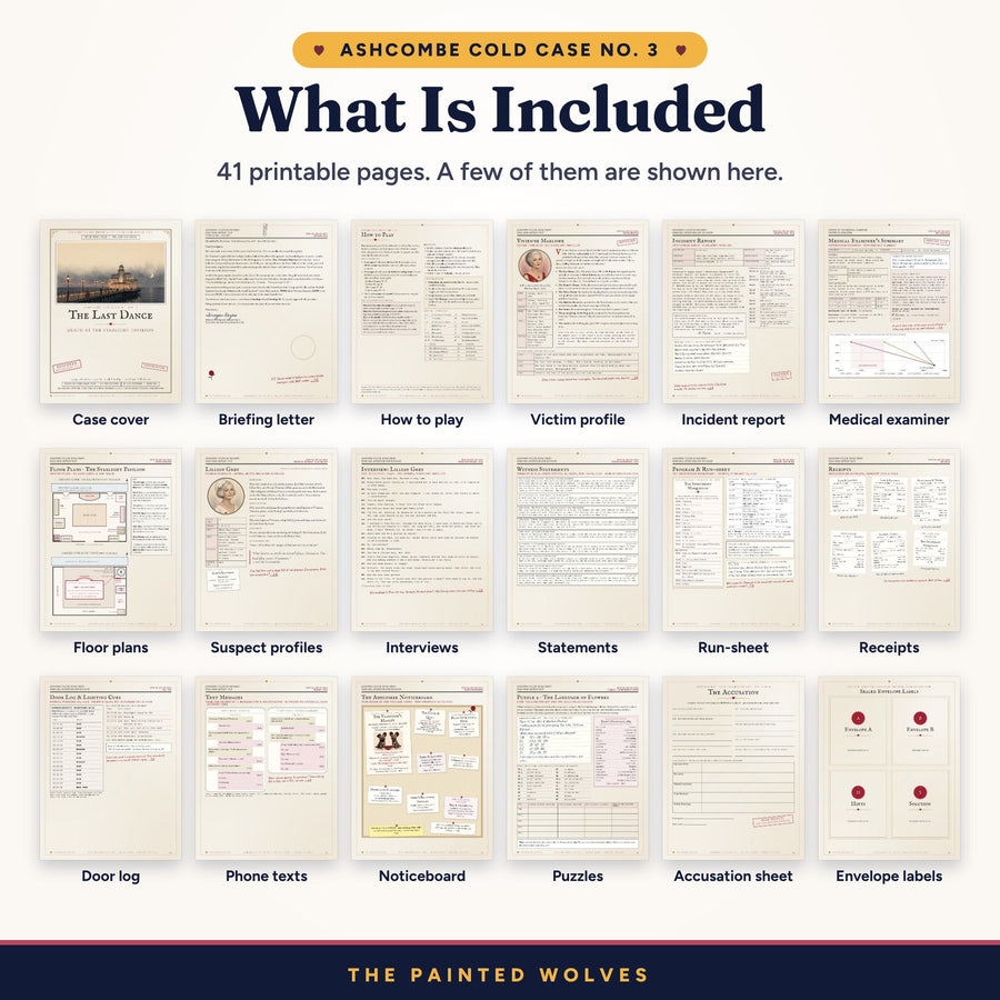 What is in The Last Dance printable murder mystery: 41 pages of evidence, puzzles and envelope labels
