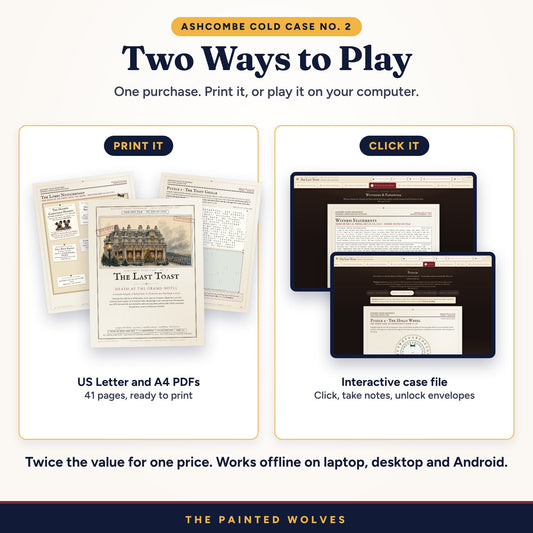 The Last Toast murder mystery: print it as US Letter or A4 PDFs, or play the interactive case file on your computer
