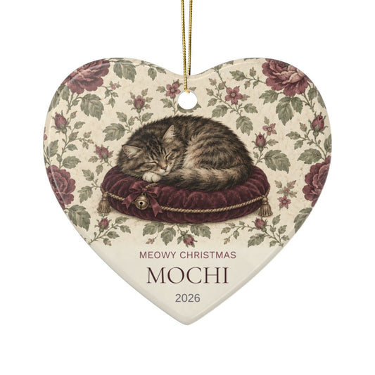 Back of the cat heart ornament, printed on both sides, sample name Mochi