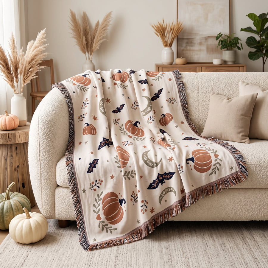 Subtle Spooky neutral Halloween woven blanket draped over a cream boucle sofa