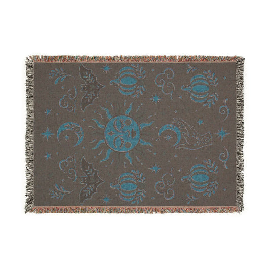 Back of the Cosmic Overcommitment celestial woven blanket showing the reverse side of the weave