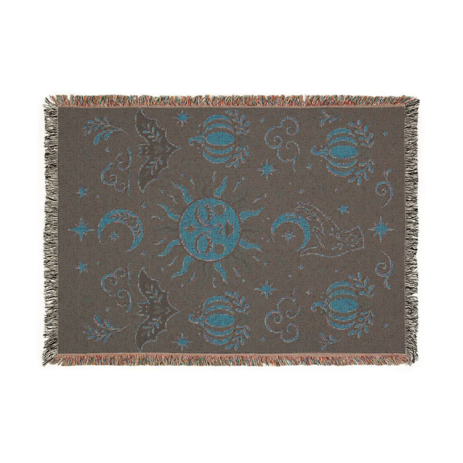 Back of the Cosmic Overcommitment celestial woven blanket showing the reverse side of the weave