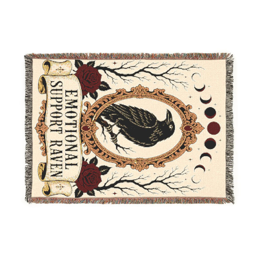 Emotional Support Raven woven blanket laid flat, front view with fringed edges