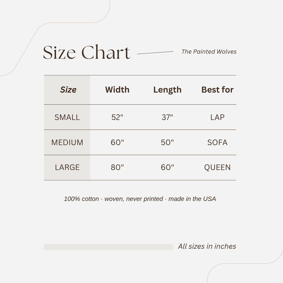 Size chart for The Painted Wolves woven blanket: small 52 by 37 inches for lap, medium 60 by 50 inches for sofa, large 80 by 60 inches for a queen bed