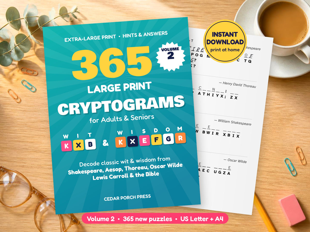 365 Large Print Cryptograms Volume 2 printable puzzle book cover with a solved Shakespeare puzzle page