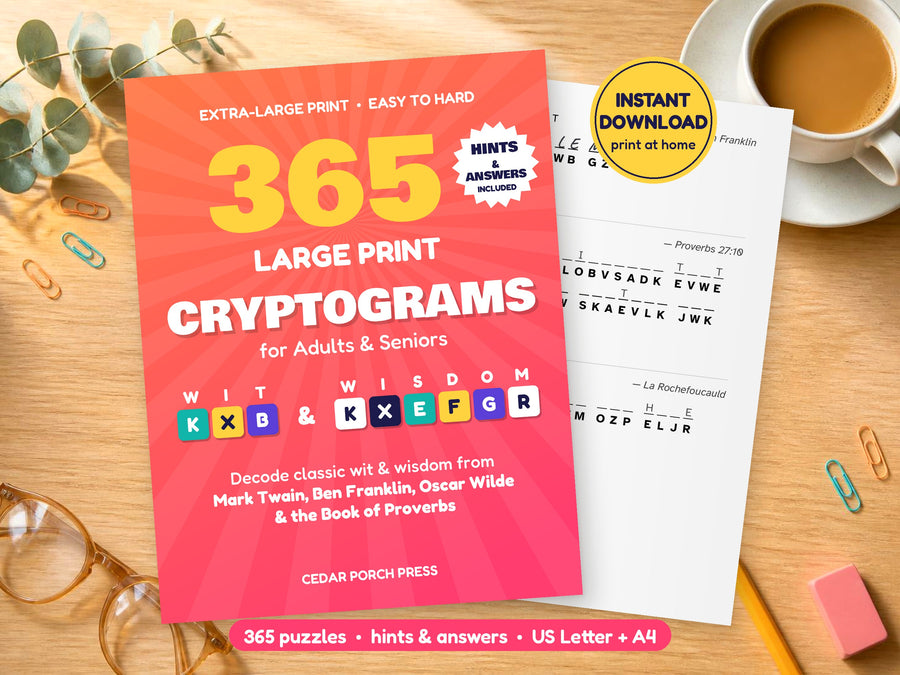 365 Large Print Cryptograms printable puzzle book cover on a wooden table with a solved puzzle page, instant download