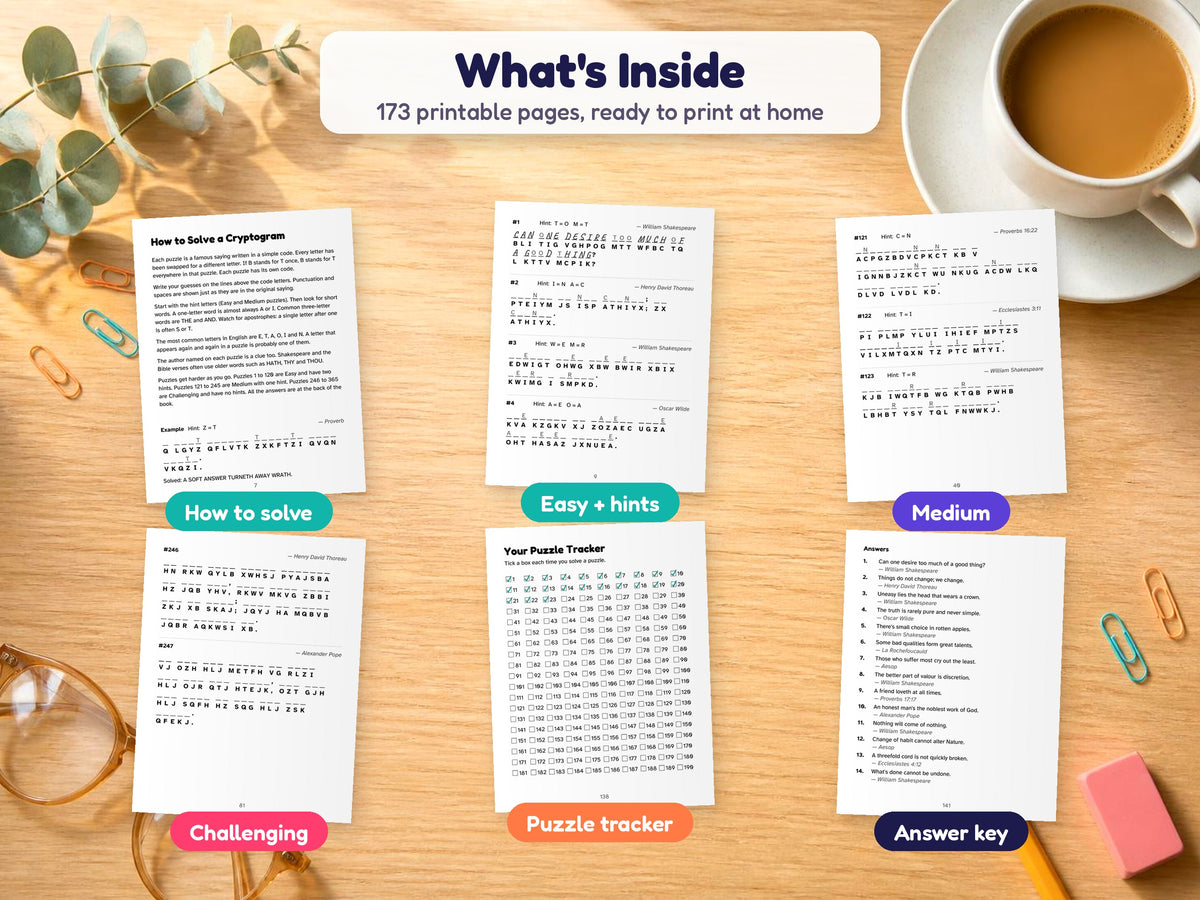 What's inside Volume 2: how-to page, easy, medium and challenging puzzles, tracker and answer key