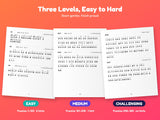 Three difficulty levels of cryptogram puzzles for seniors: easy with 2 hints, medium with 1 hint, challenging with none