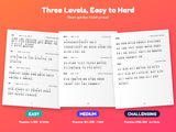 Three difficulty levels: easy with two hints, medium with one hint, challenging with none