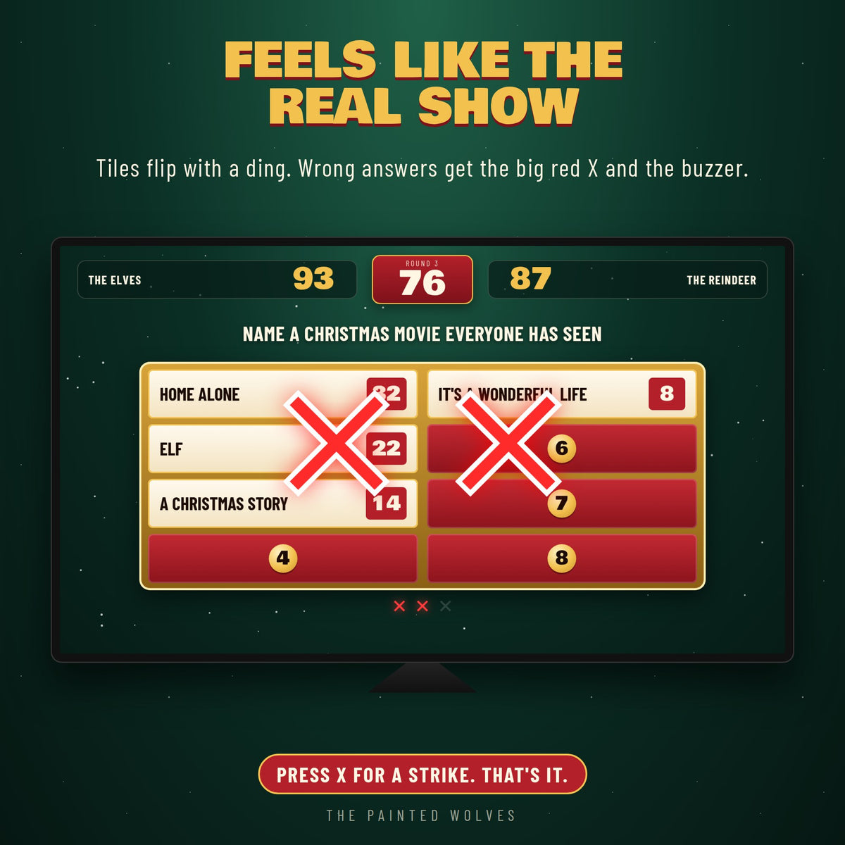 Christmas Top Answer Showdown board with two big red X marks over wrong guesses