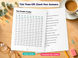 Printable puzzle tracker with ticked boxes next to the full answer key