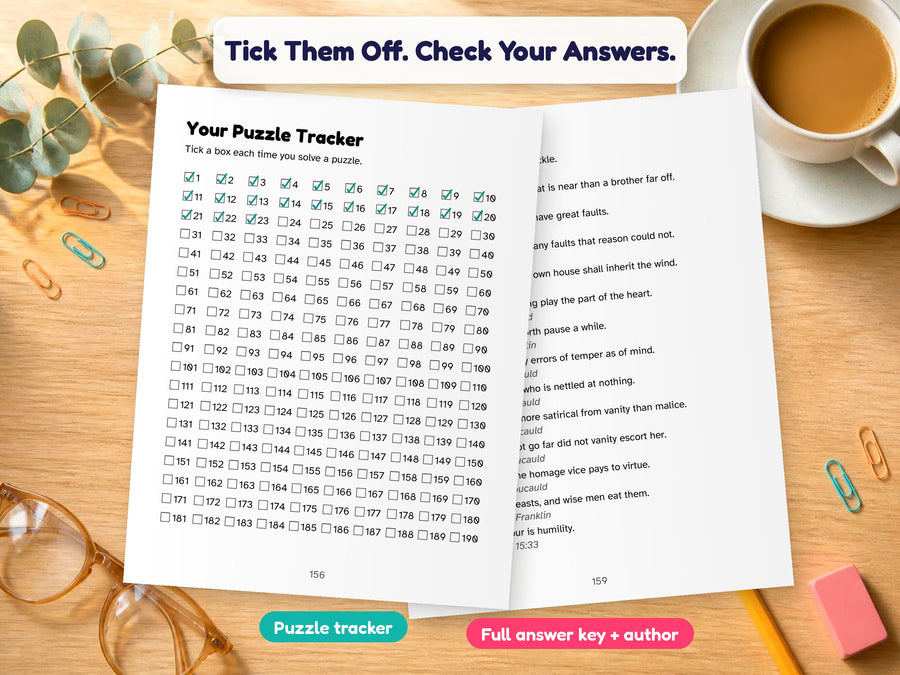 Printable puzzle tracker with ticked boxes next to the full answer key
