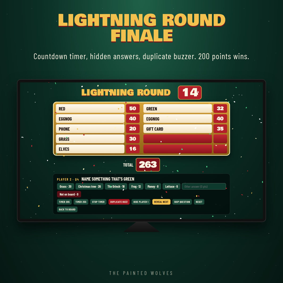Christmas Top Answer Showdown Lightning Round finale screen with a countdown timer and a 263 point total