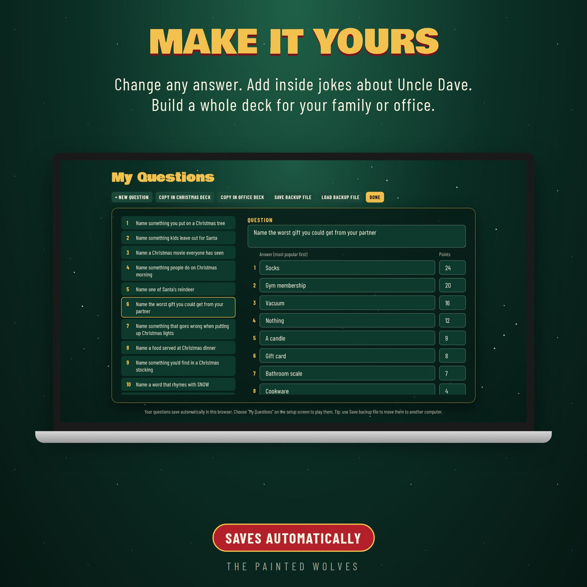 Built-in question editor on a laptop for writing your own Christmas Top Answer Showdown questions and answers