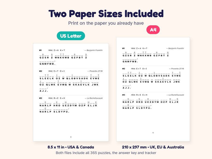 Both US Letter and A4 printable PDF sizes included