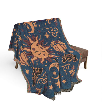 The "Cosmic Overcommitment" Whimsigoth Celestial Woven Blanket | Sun & Moon Tapestry Throw